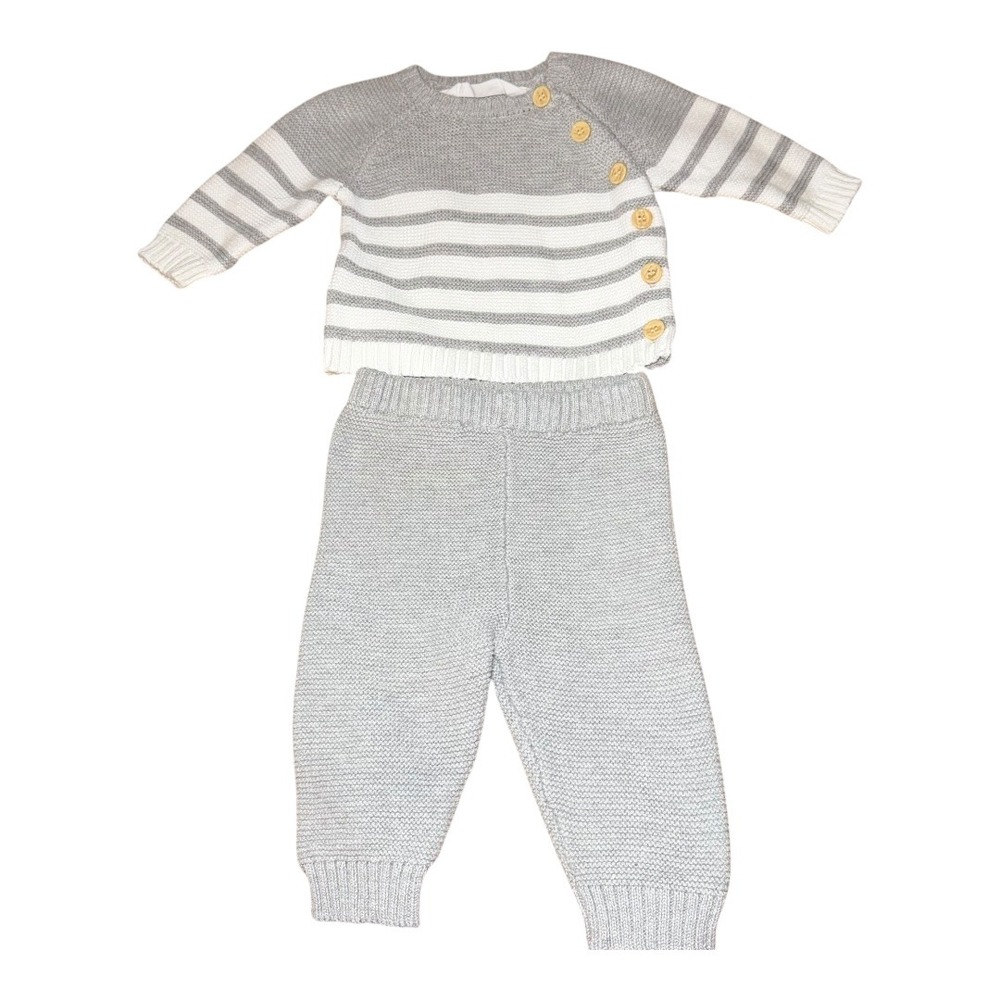 Coastal Rene Rofe Baby Sweater Set 0-3M Gray Striped Knit Button Pullover Pants